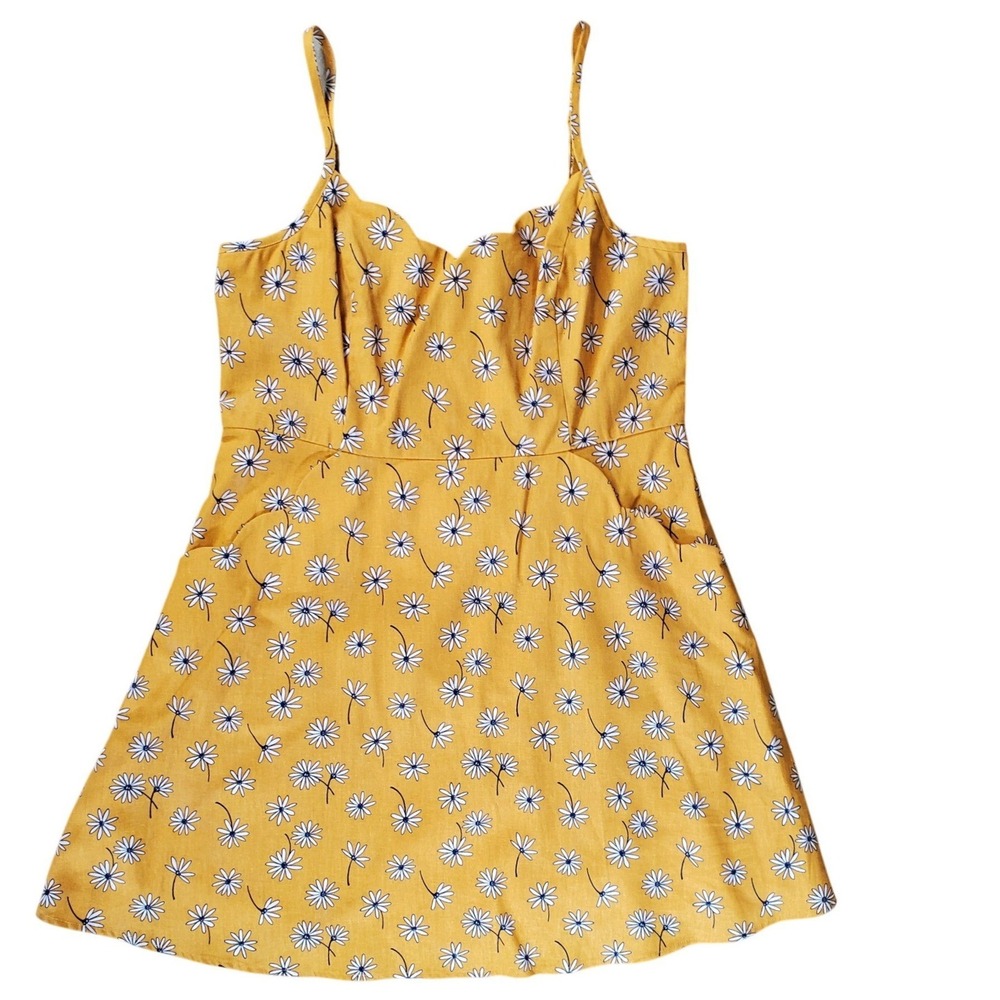 Market & Spruce Mustard Yellow Daisy Floral Linen Blend Cutout Mini Dress XL NWT